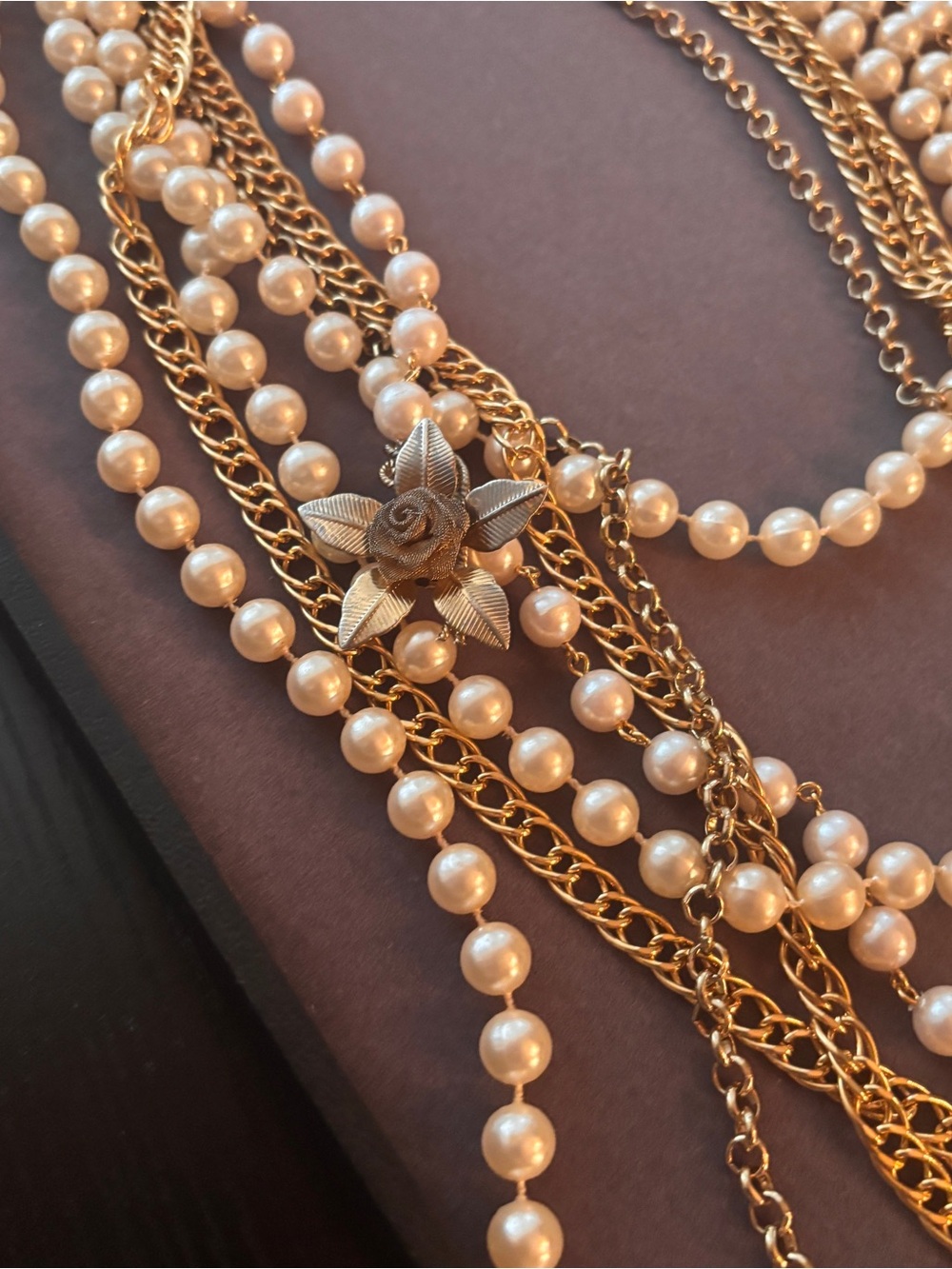 Gold-Tone Pearl Necklace with Rose Accent - Multi Strand